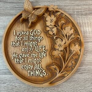 Religious Wooden‎ Circle Plaque Carved Butterfly Flowers Life Blessings Quote